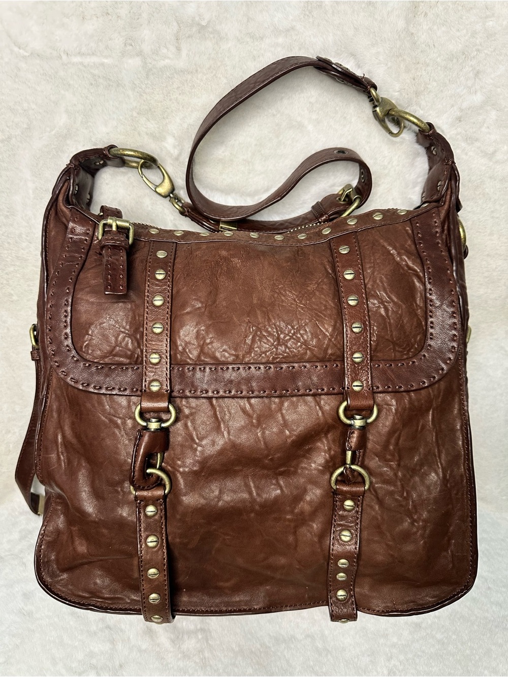 Cynthia Rowley Brown Leather Studded Shoulder Bag W/ Adjustable Strap - Picture 5 of 10